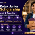 Kotak Junior Scholarship benefits showing ₹3,500 per month, ₹73,500 total support, mentorship and academic guidance.